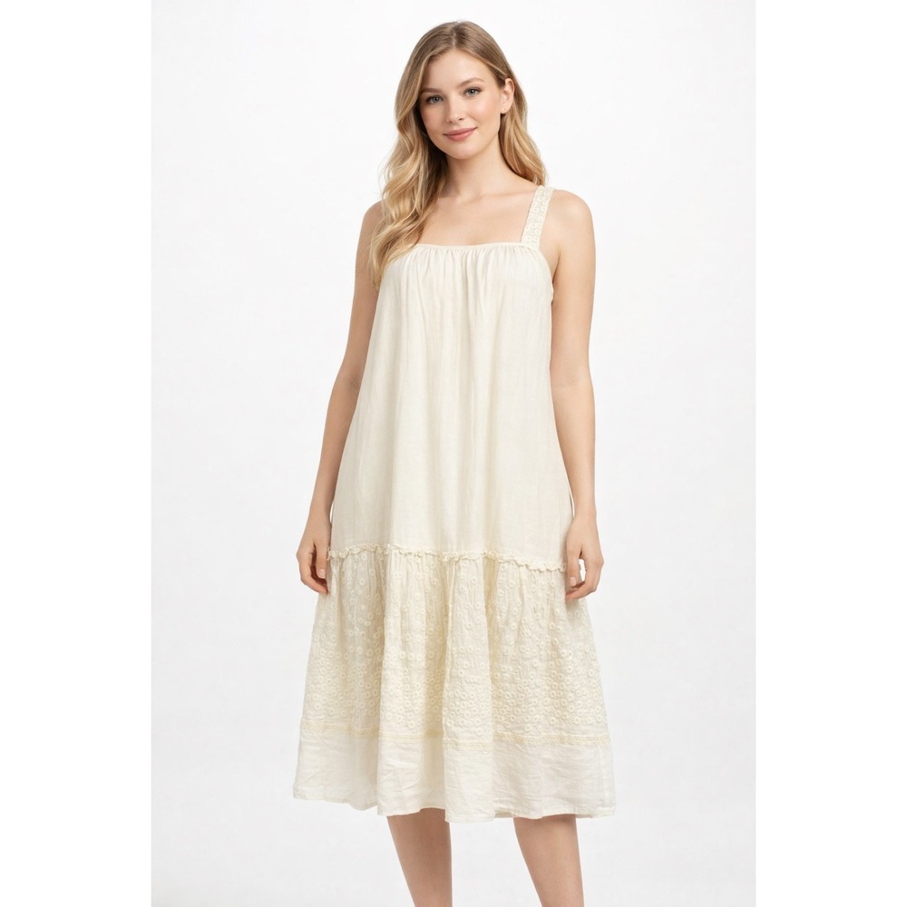 Anthropologie Pepin Tiered Swing Dress Size 2 Cream Embroidered Sleeveless Beach